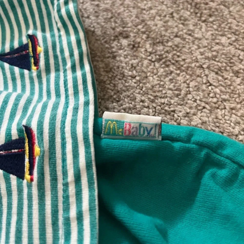 Vintage McBaby teal and striped blouse and shorts set with boats